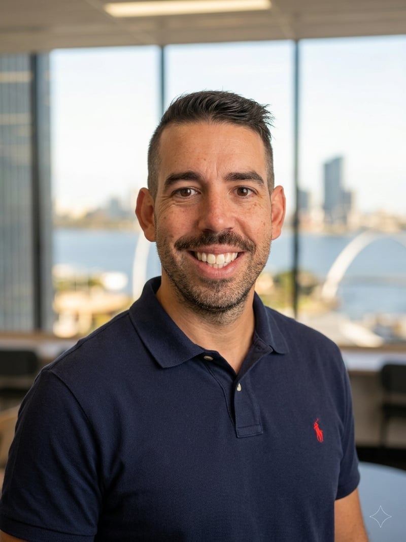 Brodie Raffaele, Founder of Lucente Technology, with the Perth city skyline behind him